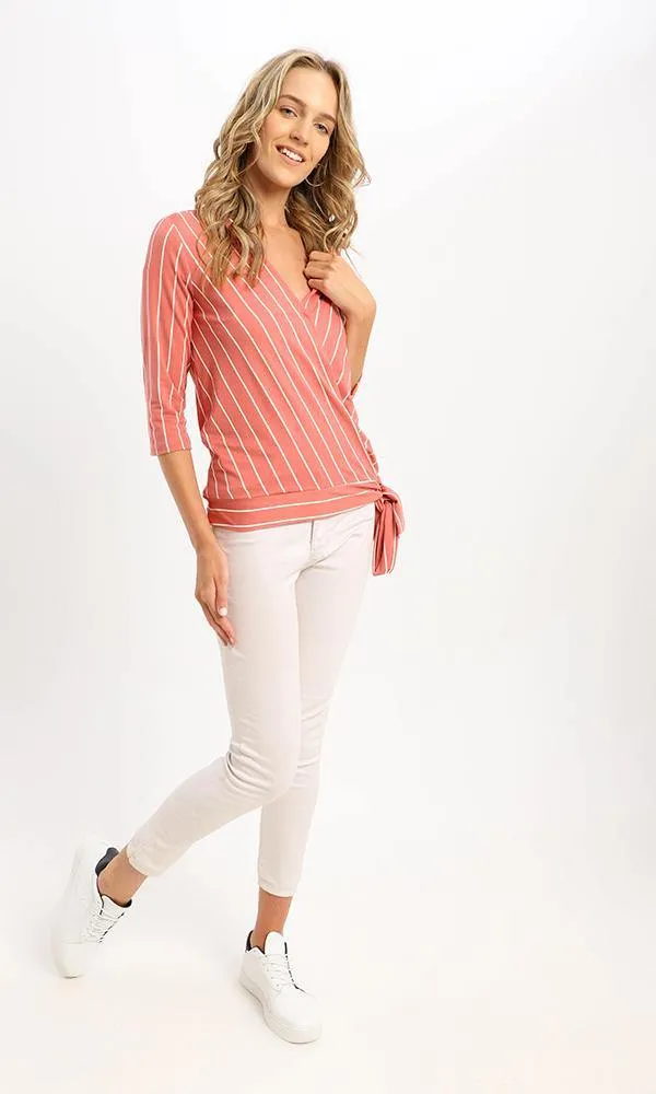 95027 V-Neck Casual Striped Blouse With Side Lace Up - Dark Coral