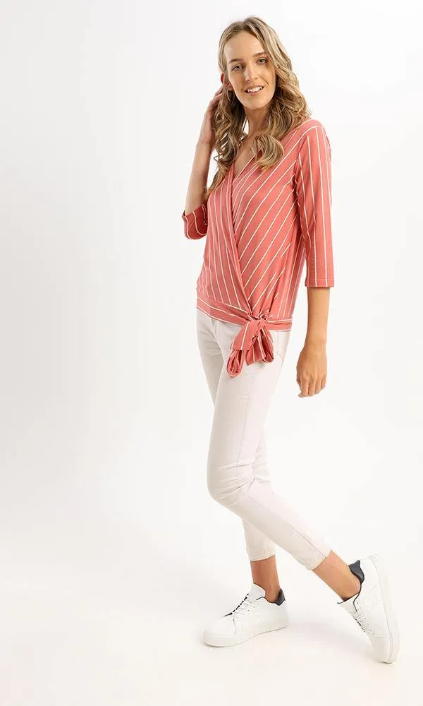 95027 V-Neck Casual Striped Blouse With Side Lace Up - Dark Coral