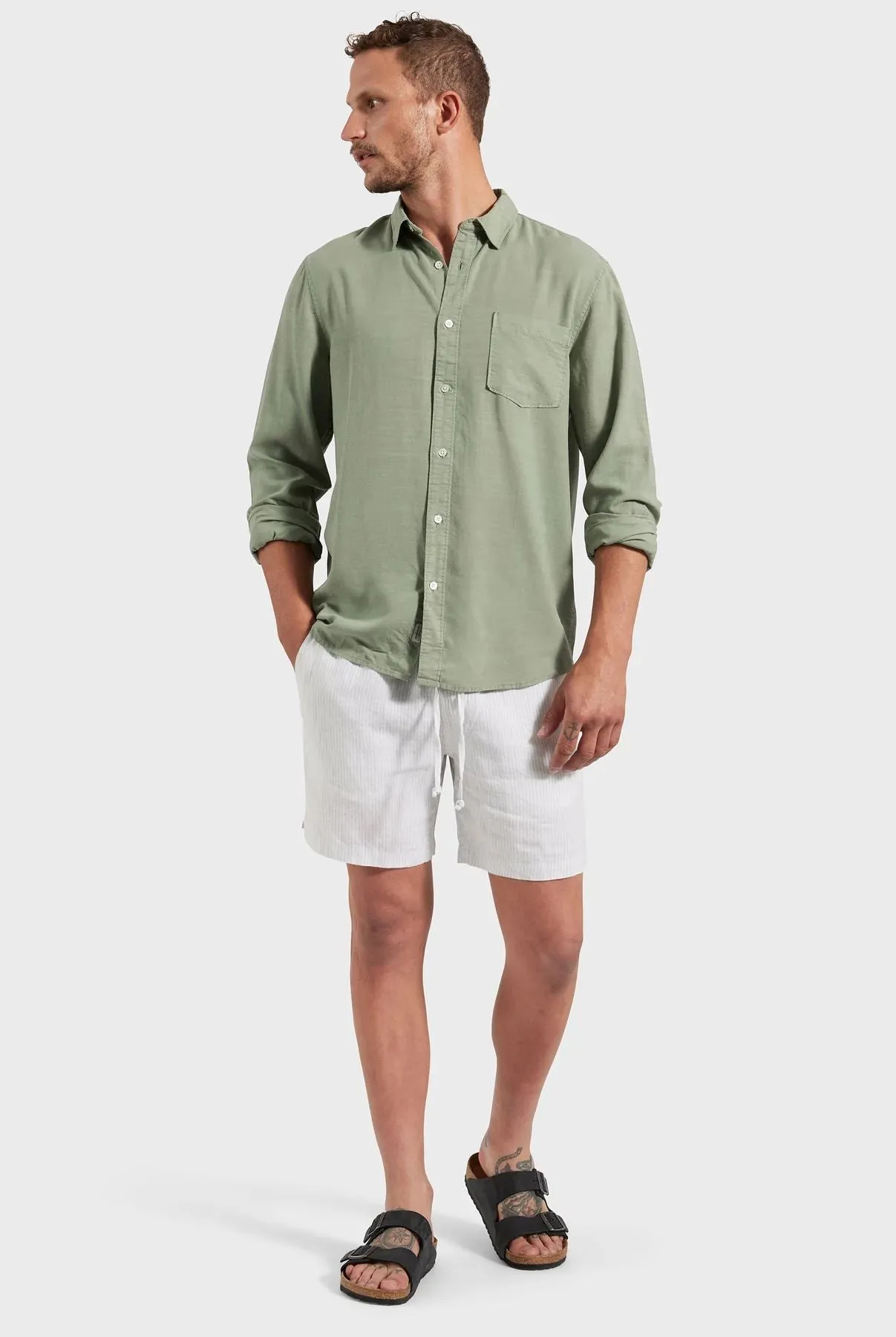 Academy Brand Men's Riviera Linen Shorts - Stripe Sage Green