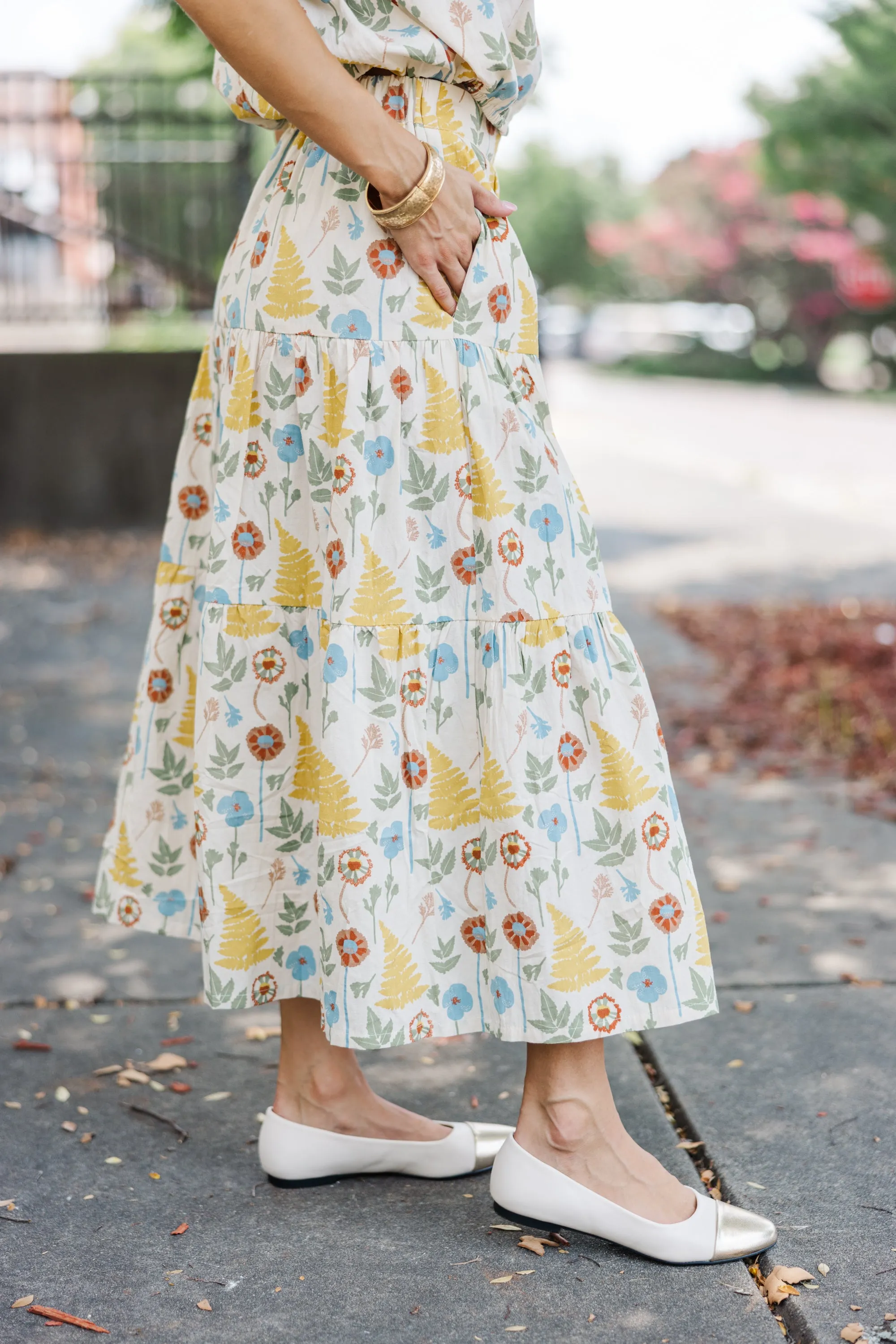 All I Need Natural Floral Midi Skirt