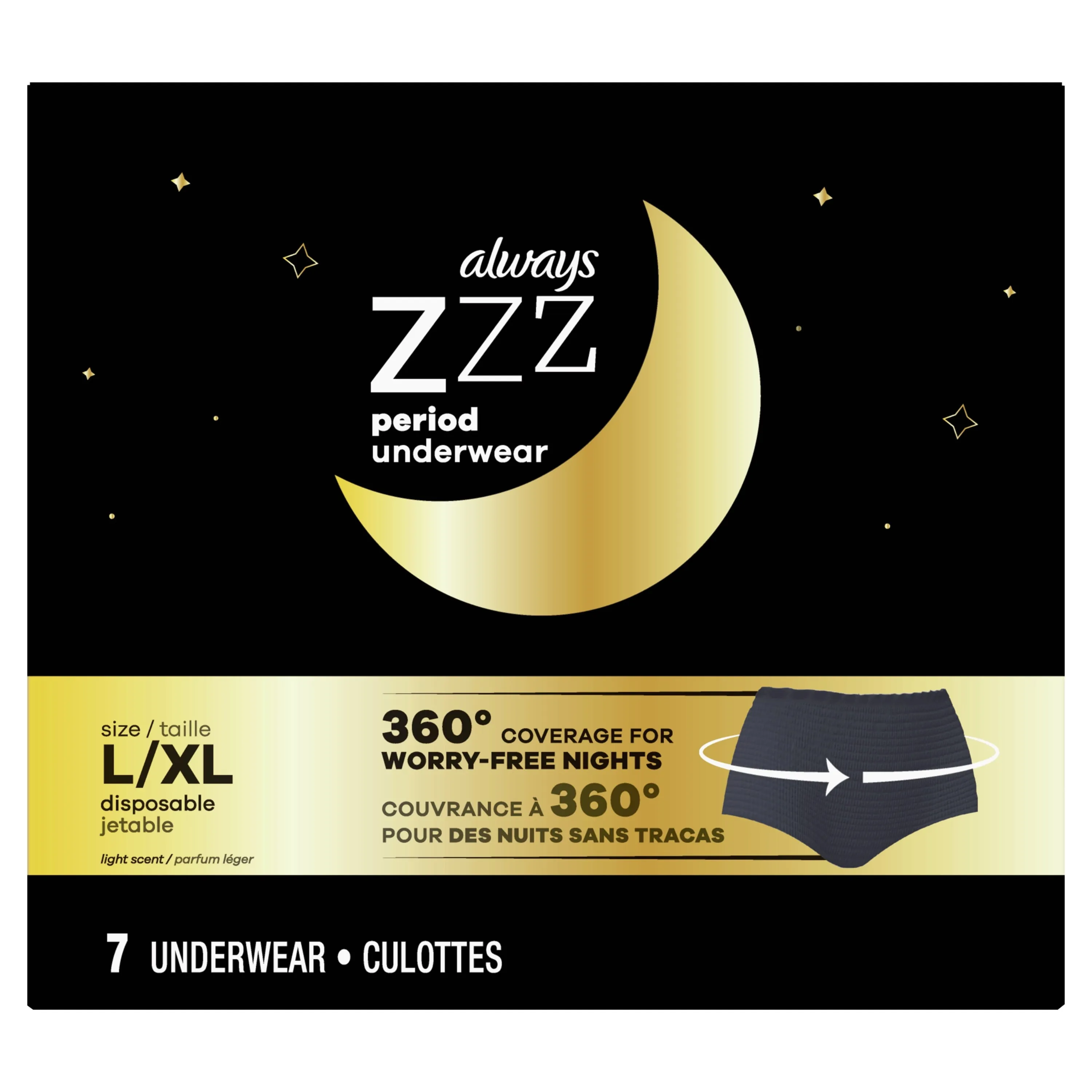 Always ZZZ Overnight Disposable Period Underwear for Women, Size L-XL, 7 Ct