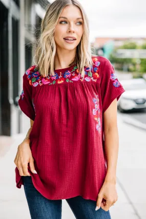 Another Trip Taken Burgundy Red Embroidered Top