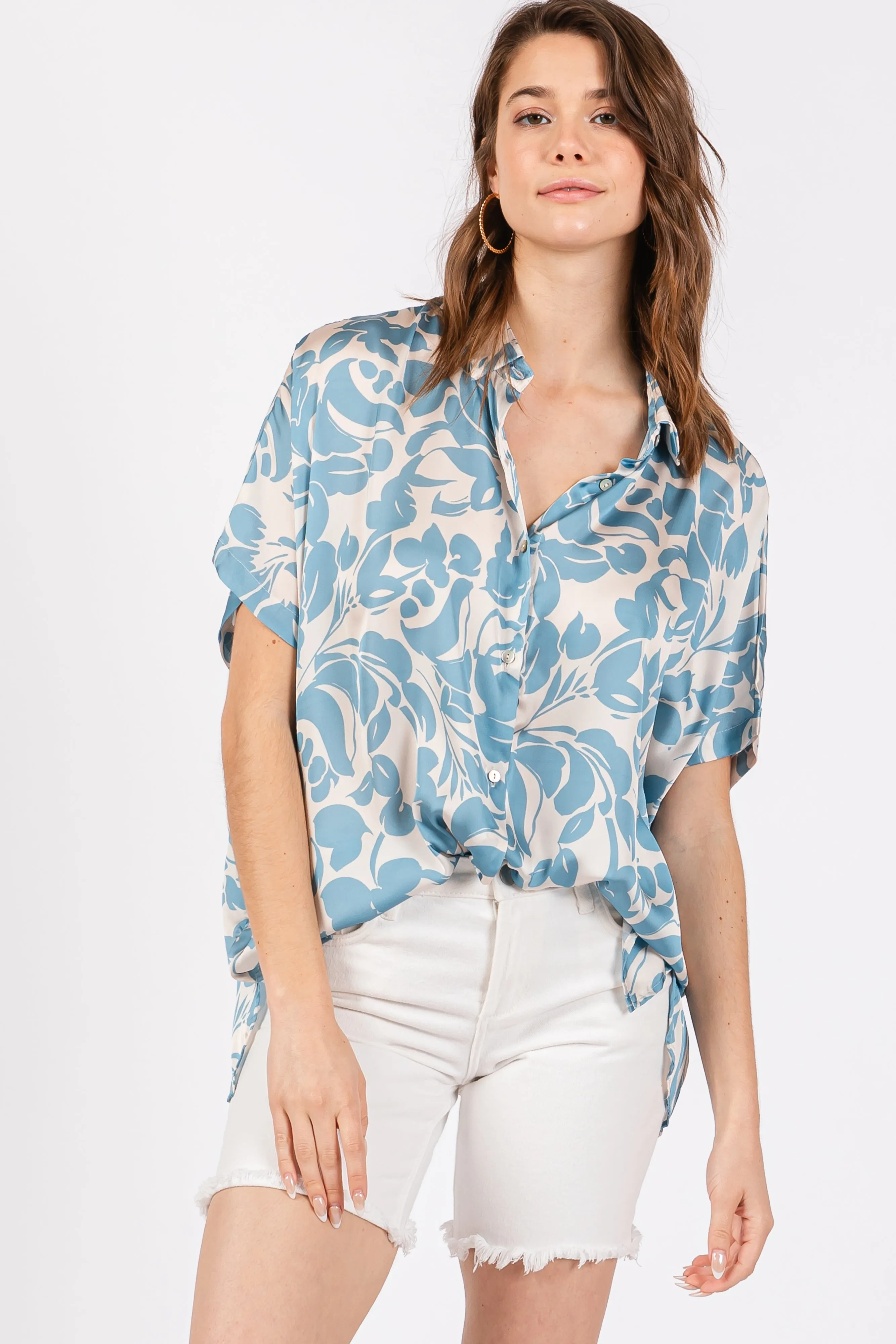 Aqua Floral Button Down Maternity Blouse