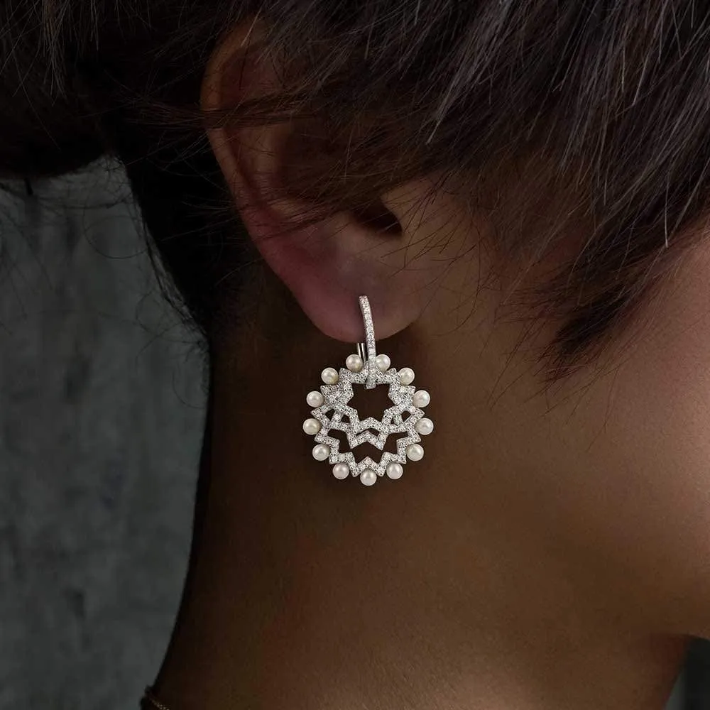 Asymmetric Sun Earrings with Pearls - White Silver