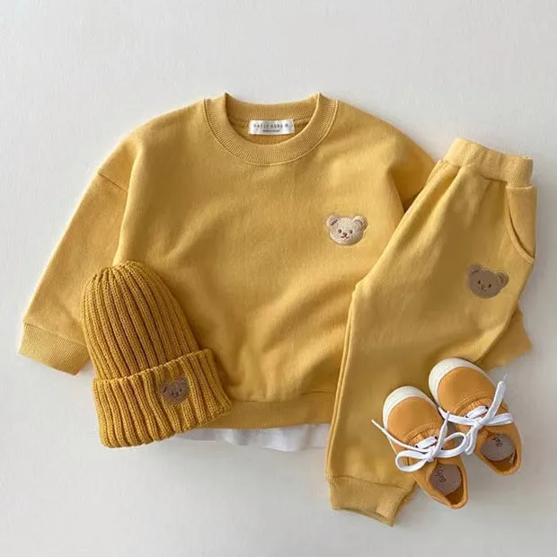 Baby UNISEX Bear Plain Top & Bottom Set - Mustard