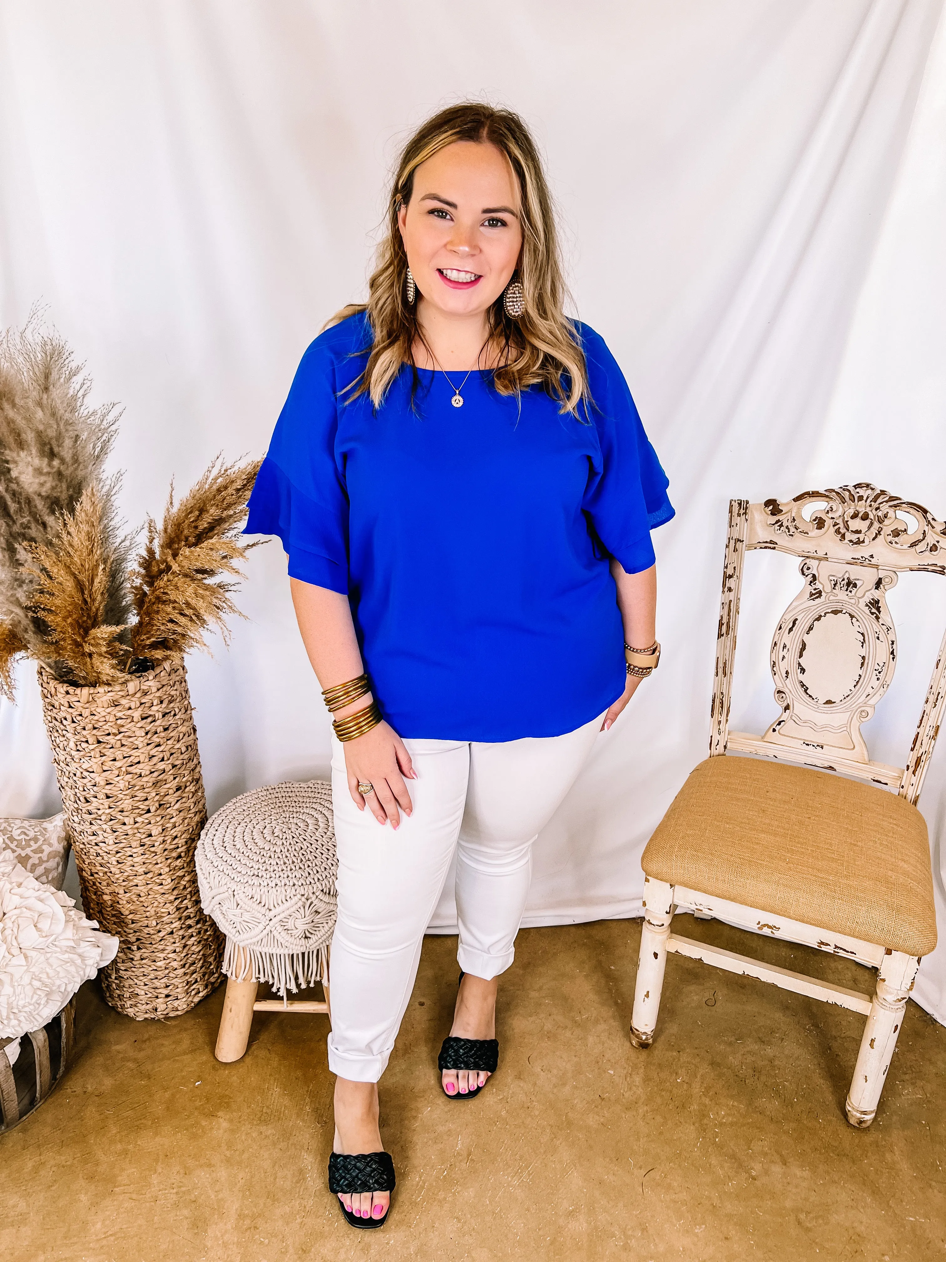 Basic Needs Ruffle Sleeve Top in Royal Blue