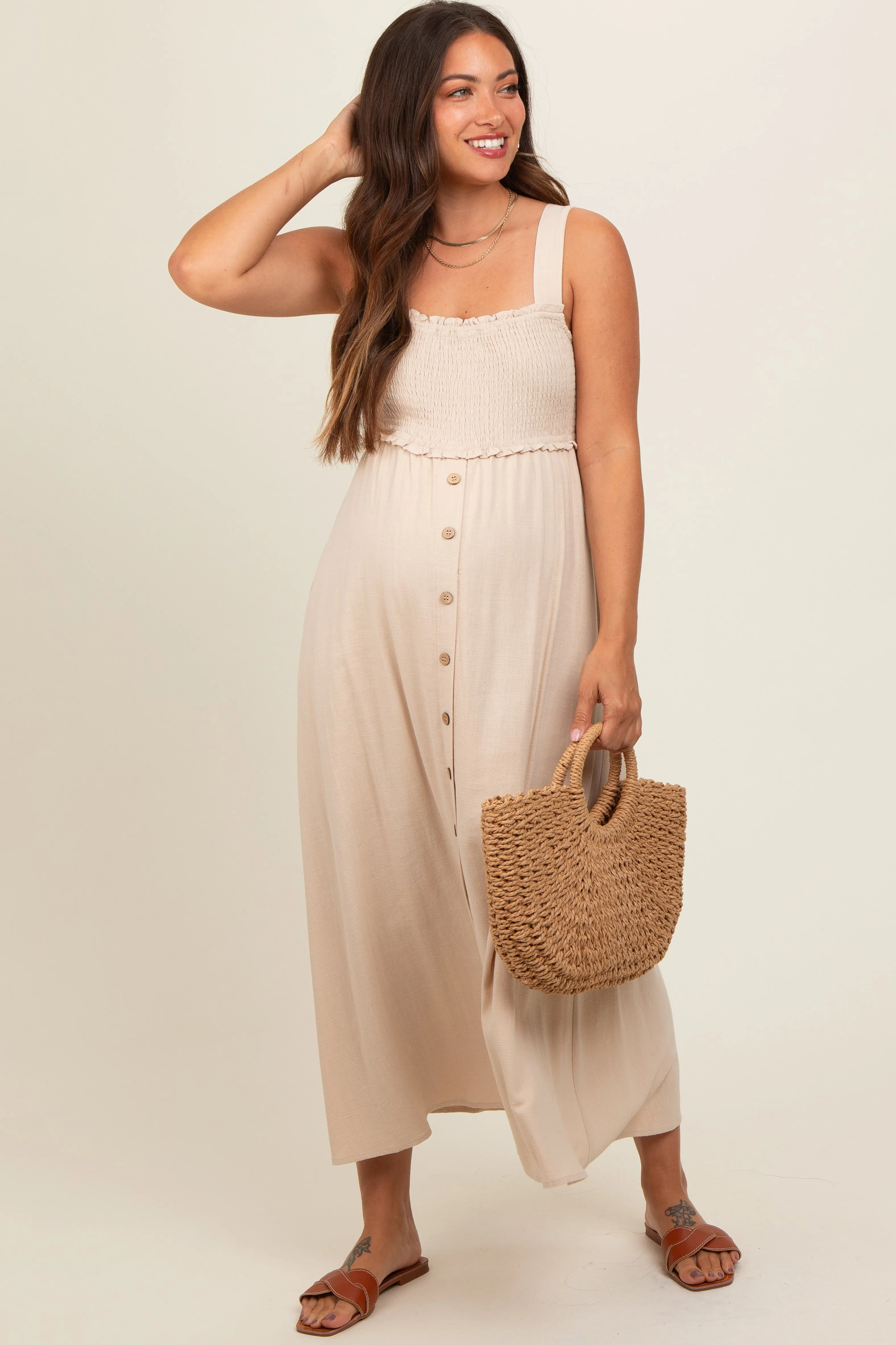 Beige Button Down Smocked Maternity Dress