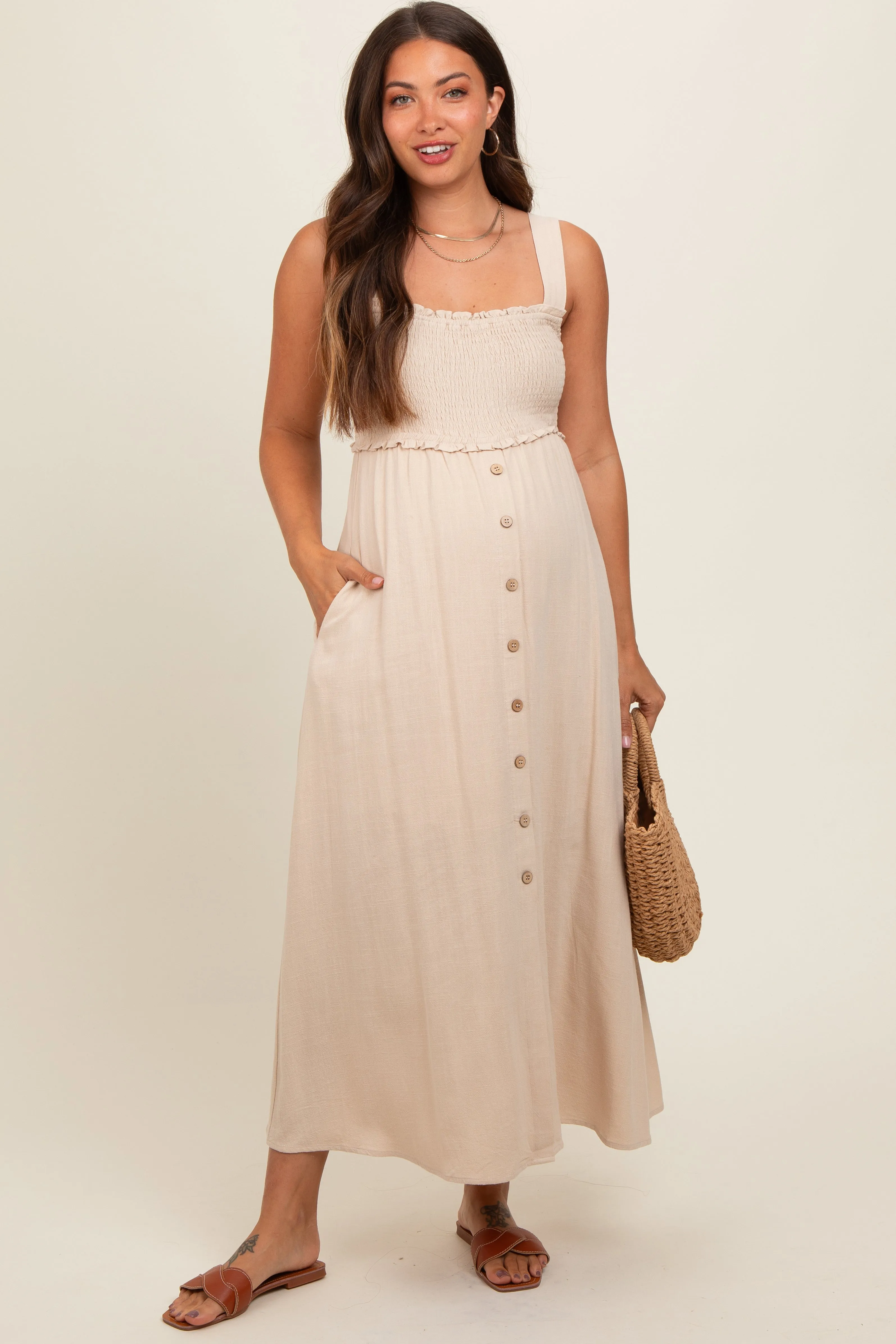 Beige Button Down Smocked Maternity Dress