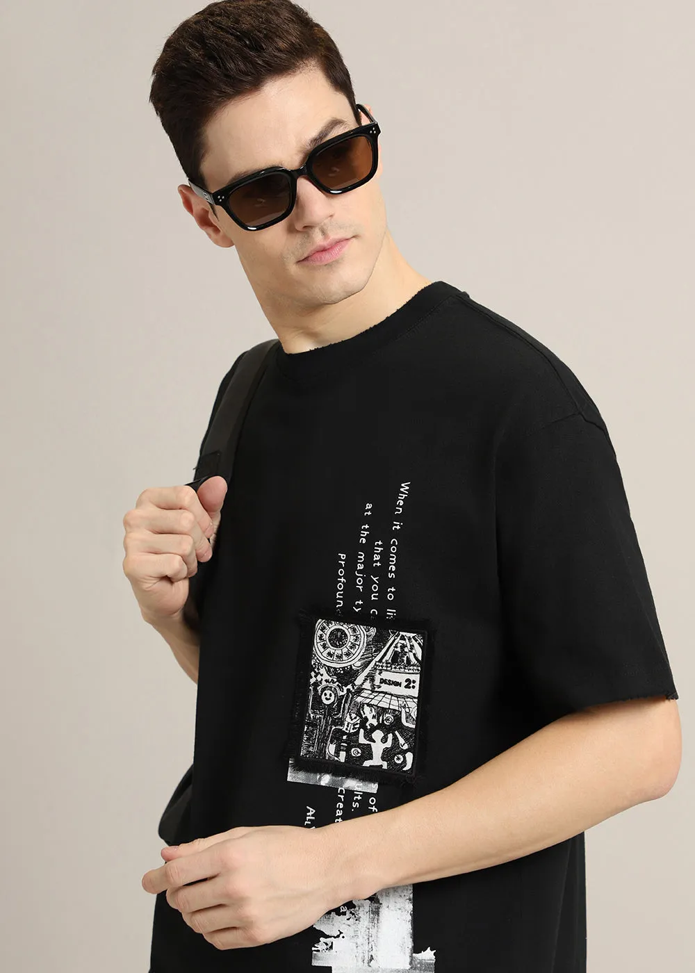 Black Applique Printed Oversized T-shirt