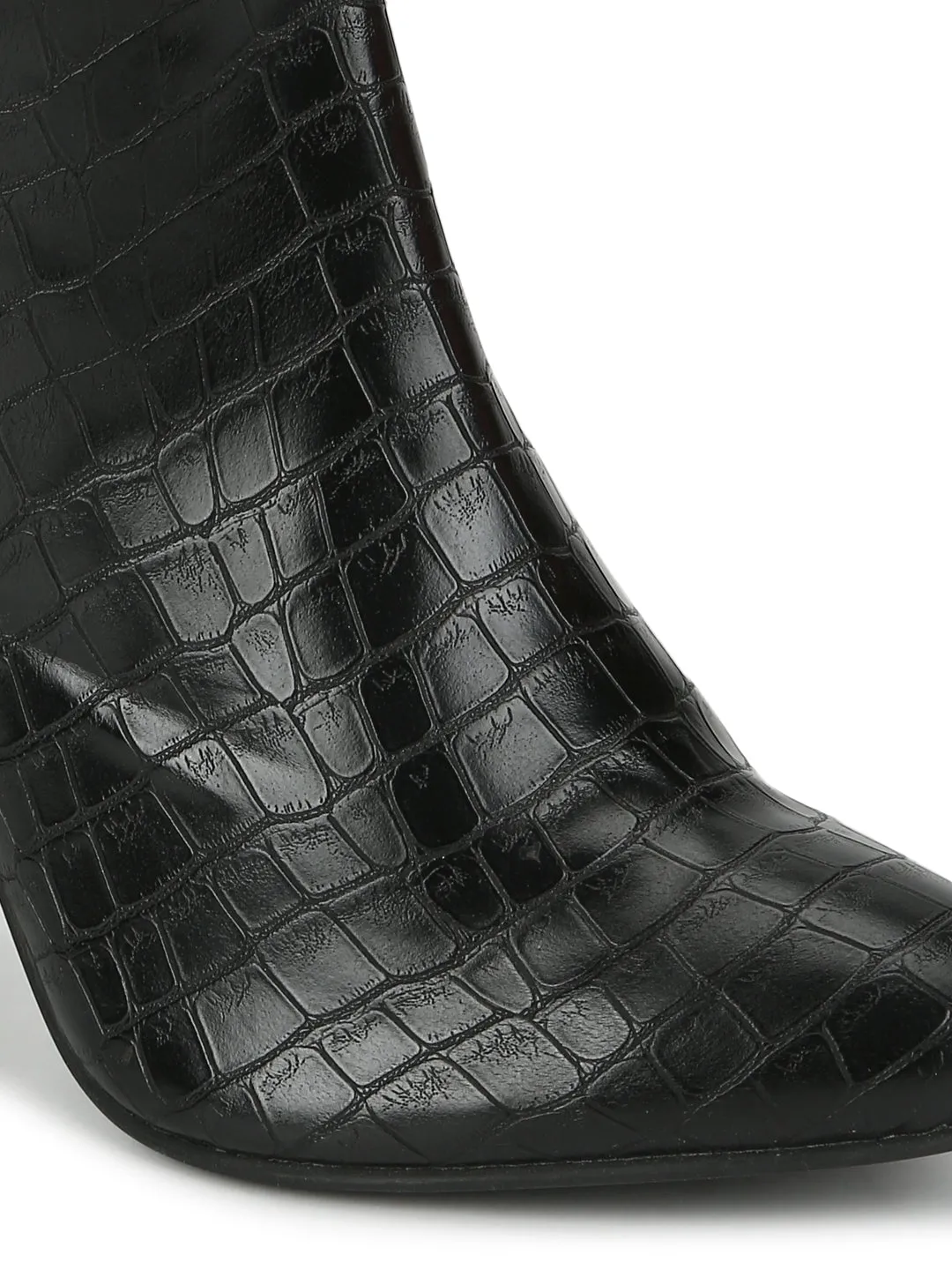 Black Croc Block Heel Knee High Boots