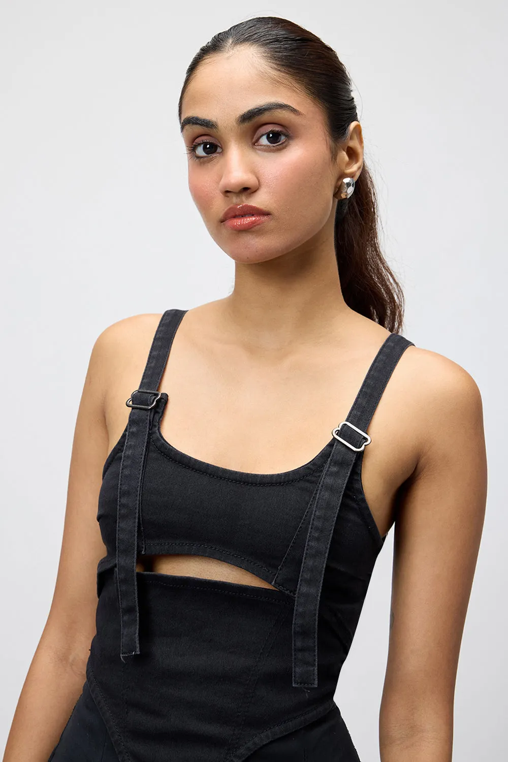 Black Denim Adjustable Strap Bustier Top