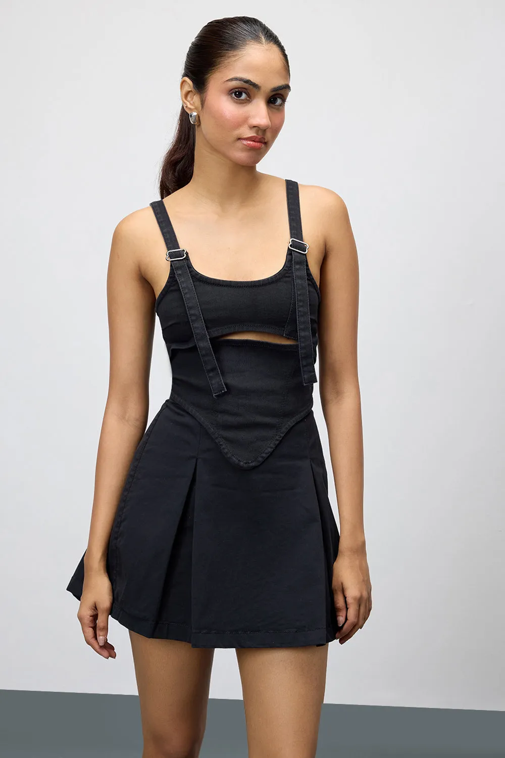 Black Denim Adjustable Strap Bustier Top