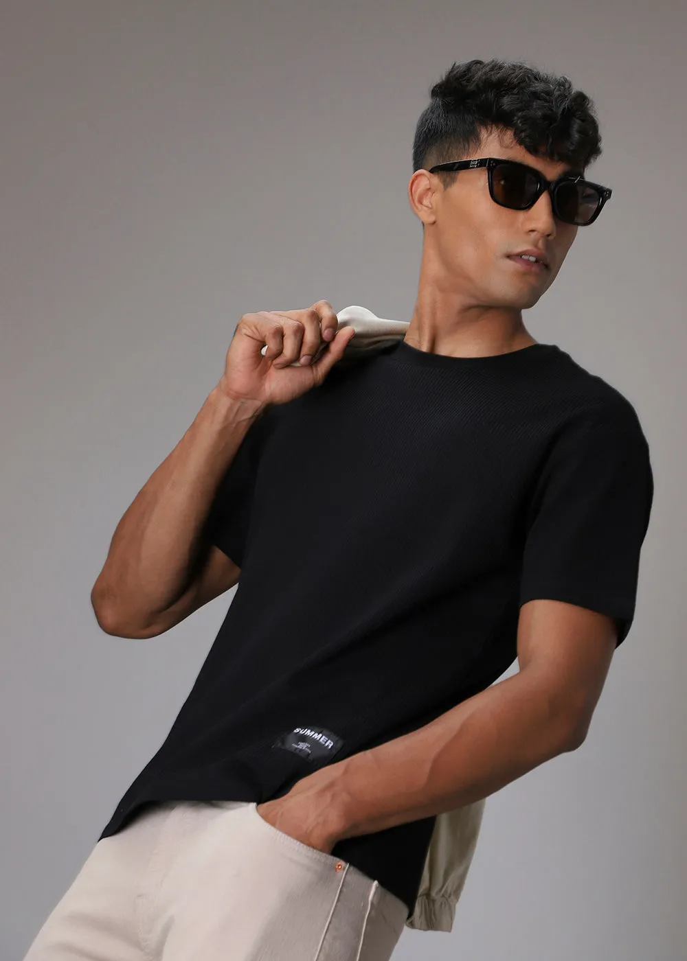 Black Ribbed Regular Fit T-shirt