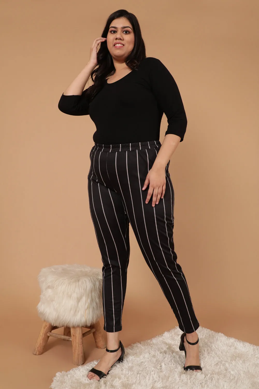 Black White Striped Warm Winter Fleece Leggings