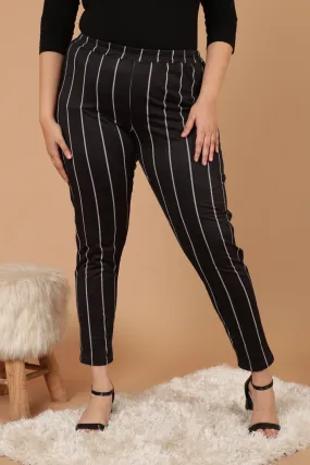 Black White Striped Warm Winter Fleece Leggings