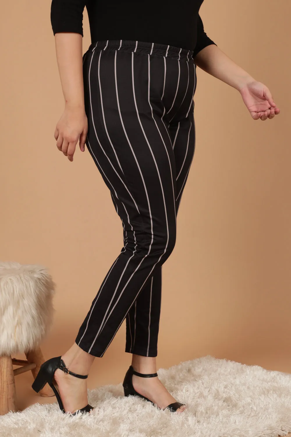 Black White Striped Warm Winter Fleece Leggings