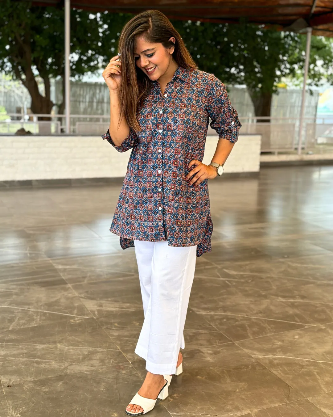 Blue Ajrakh Printed Long Cotton Aline Shirt