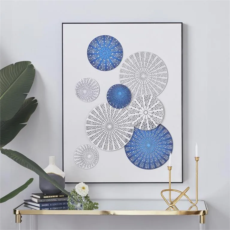 BLUE COTTON CONTEMPORARY RADIAL CIRCLES FRAMED WALL ART