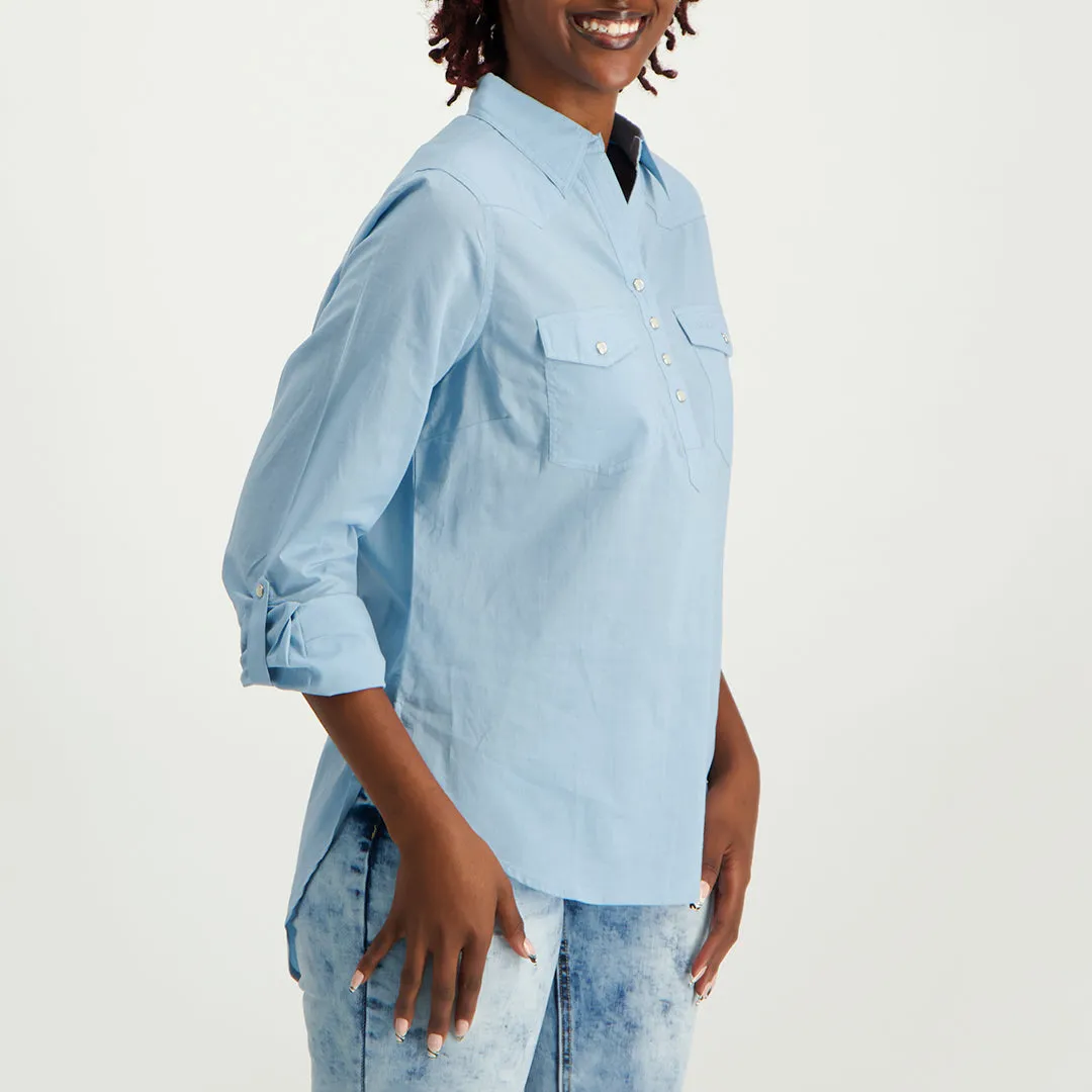 Blue Curved Hem Shirt