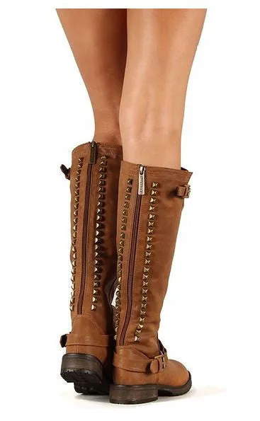 Breckelle Studded Buckle Riding Knee High Combat Boot Tan