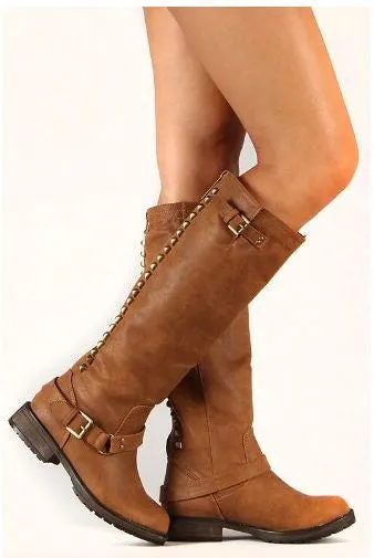 Breckelle Studded Buckle Riding Knee High Combat Boot Tan