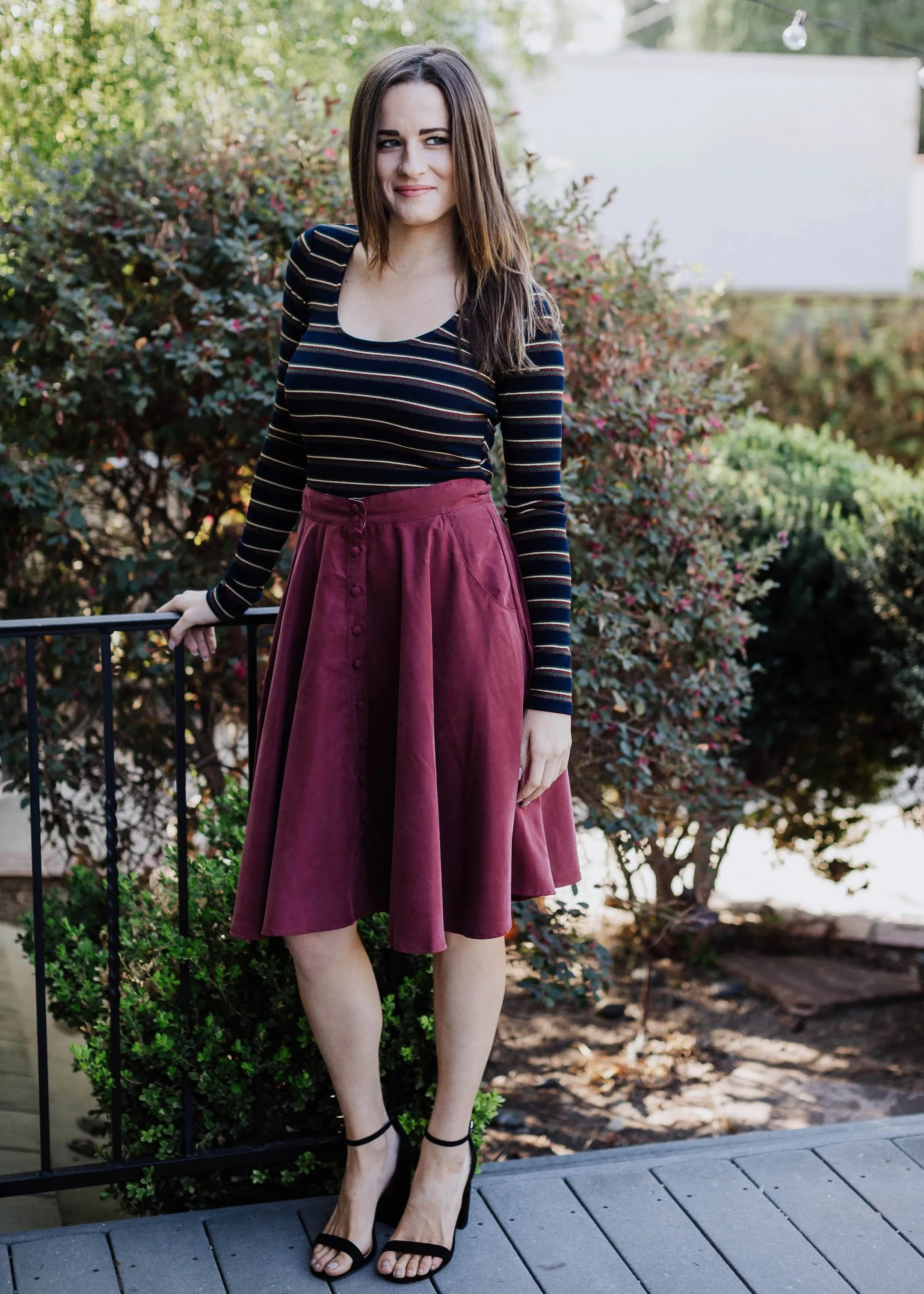 button-down skirt in burgundy