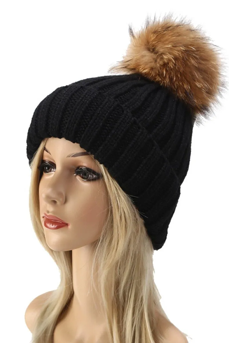 CABLE KNIT POMPOM WARM WINTER BEANIE HAT