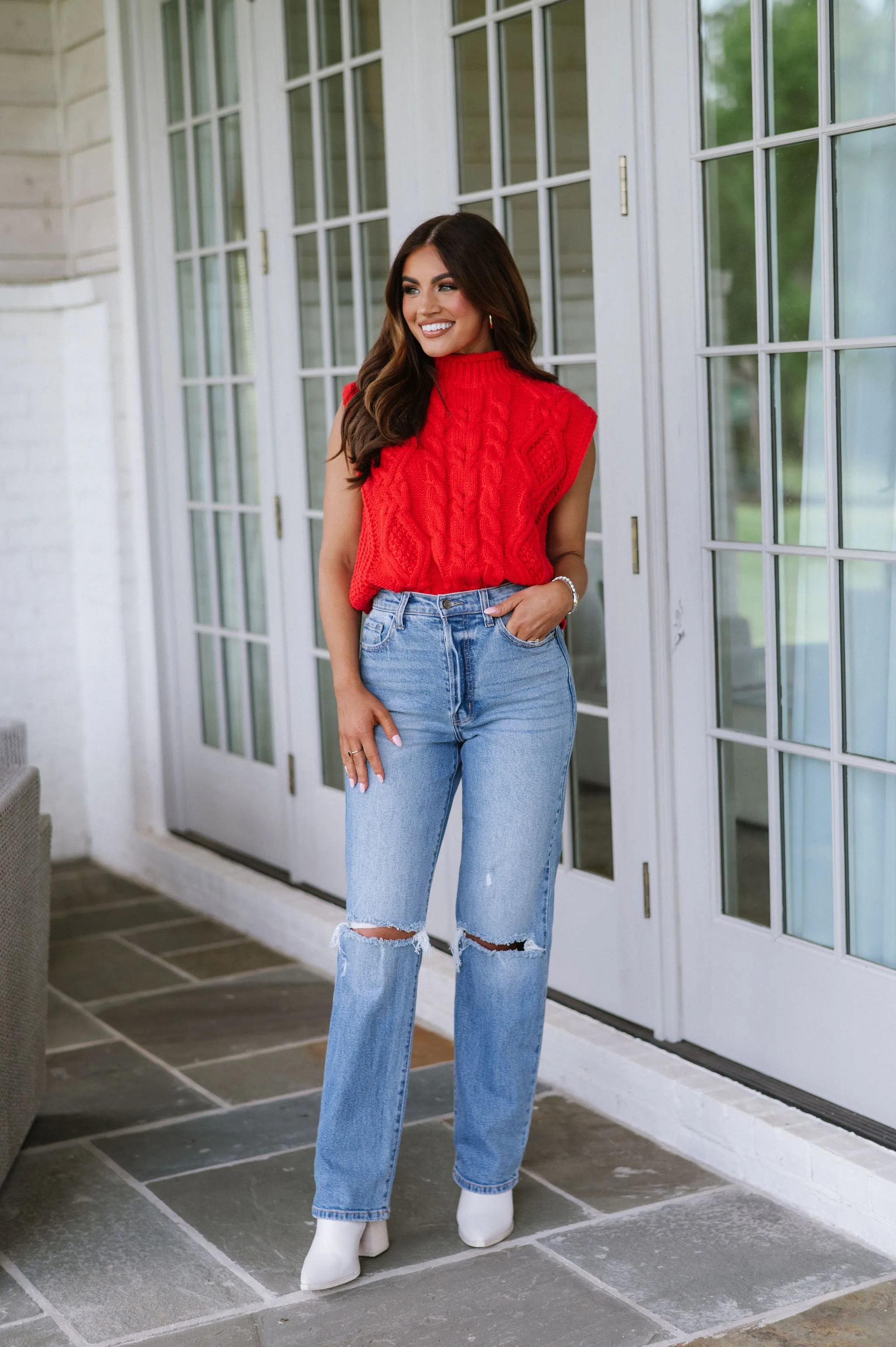 Chunky Cable Knit Turtleneck- Red