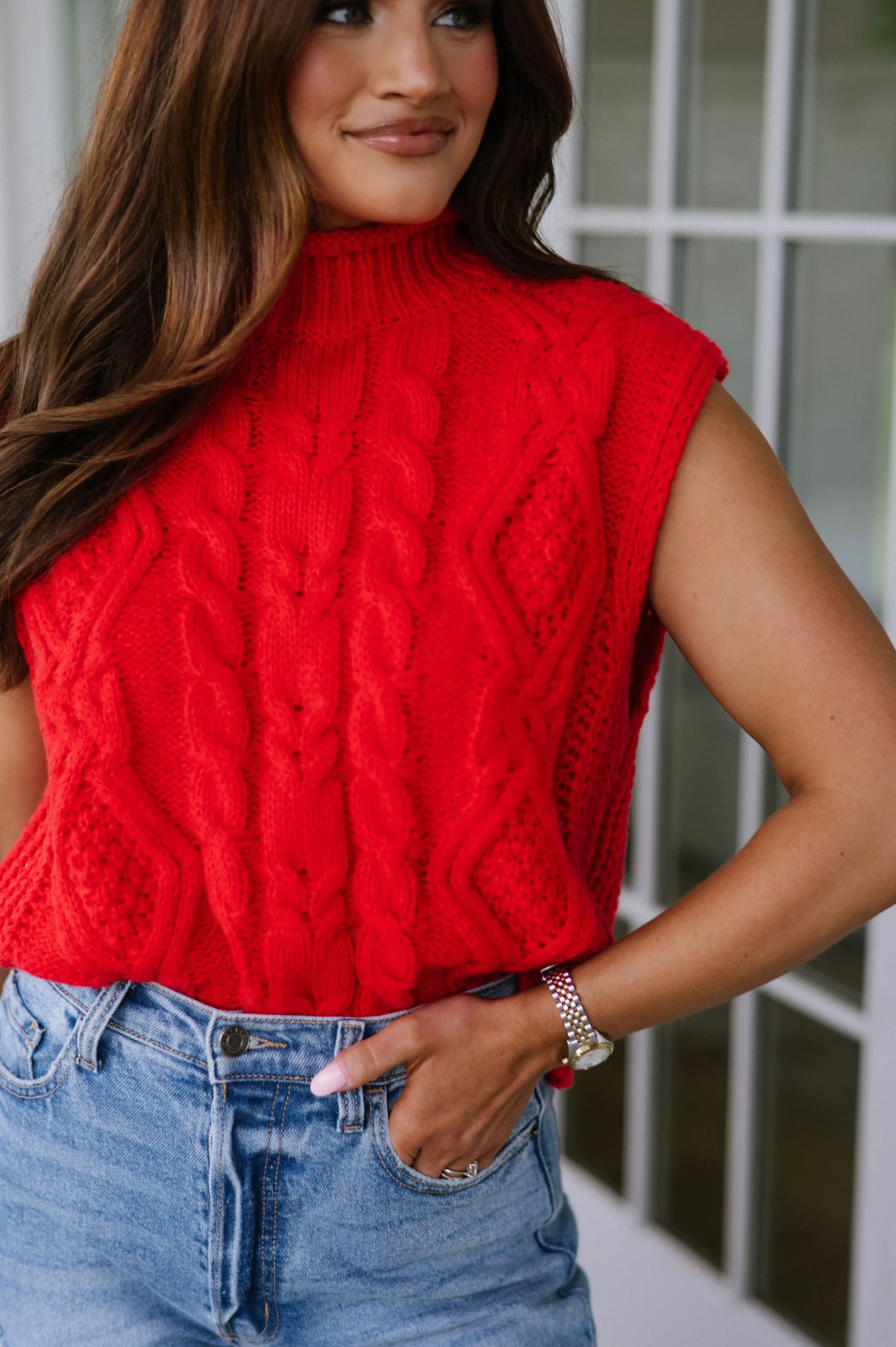 Chunky Cable Knit Turtleneck- Red