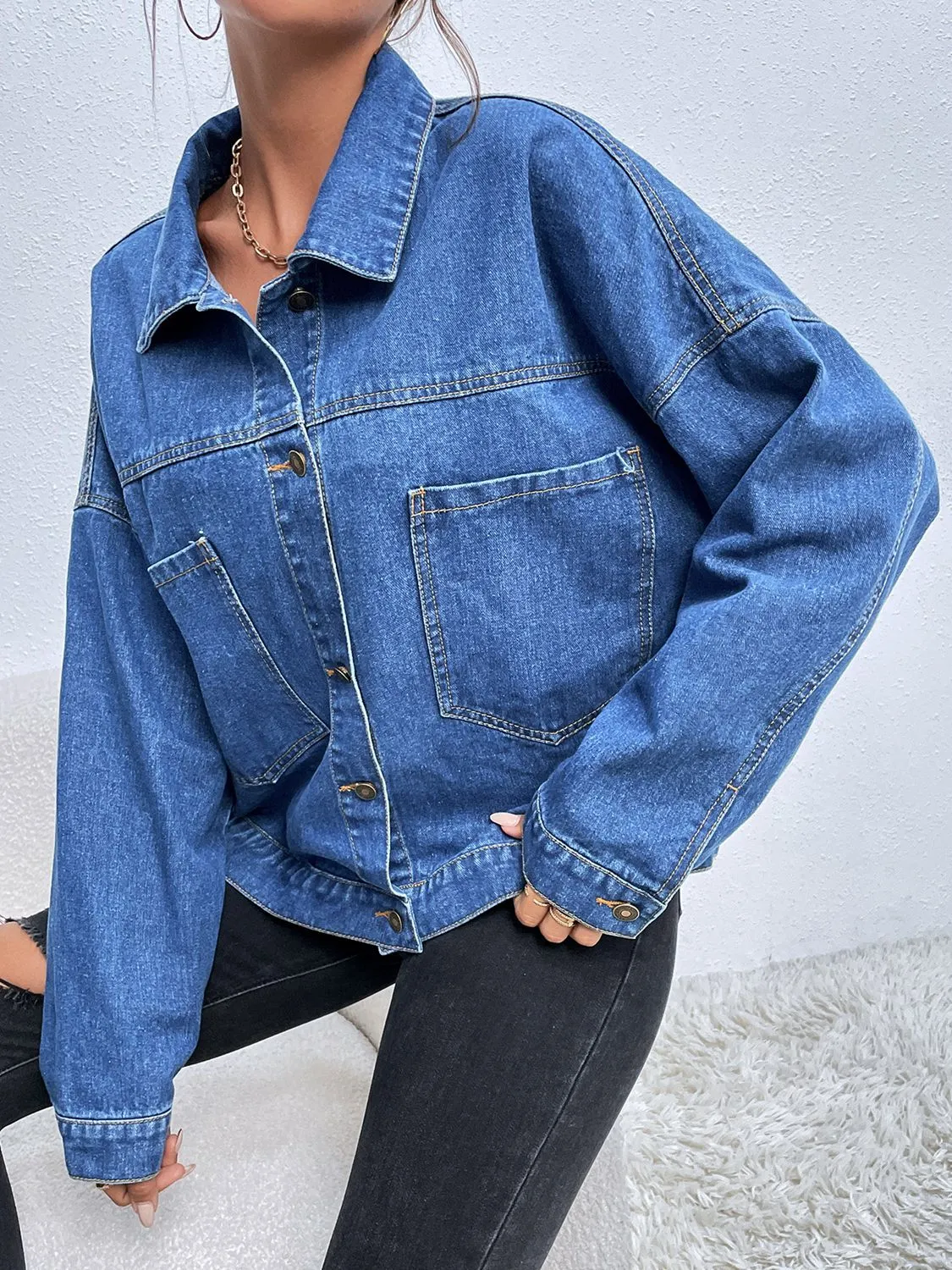 Collared Neck Dropped Shoulder Denim Jacket