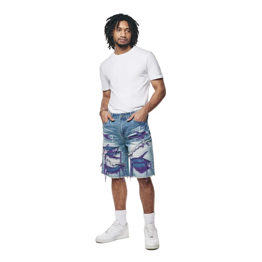 Color Wash Heavy Rip & Repair Jean Shorts - Purple