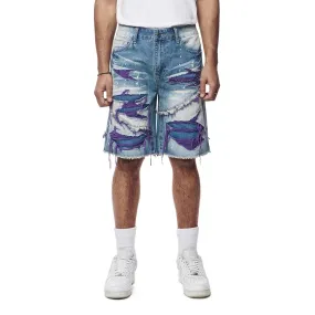 Color Wash Heavy Rip & Repair Jean Shorts - Purple