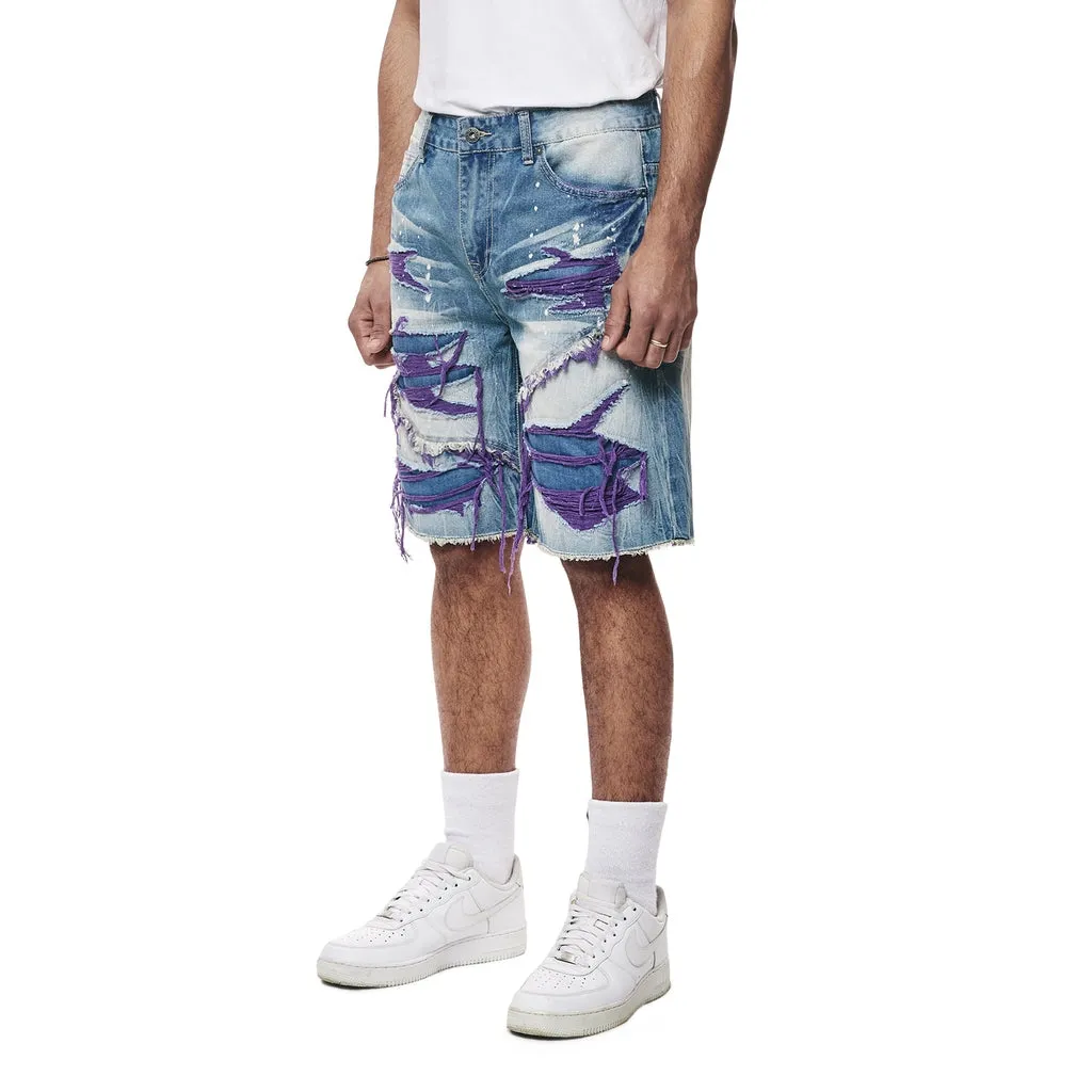 Color Wash Heavy Rip & Repair Jean Shorts - Purple