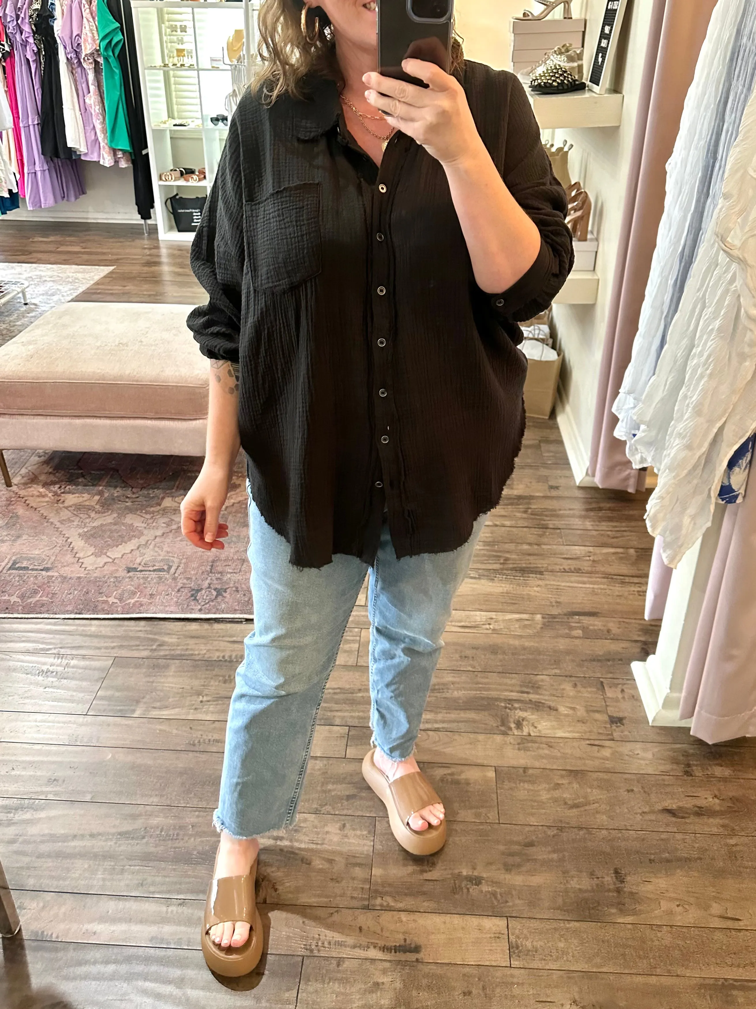 Curvy Black Gauze Button Down