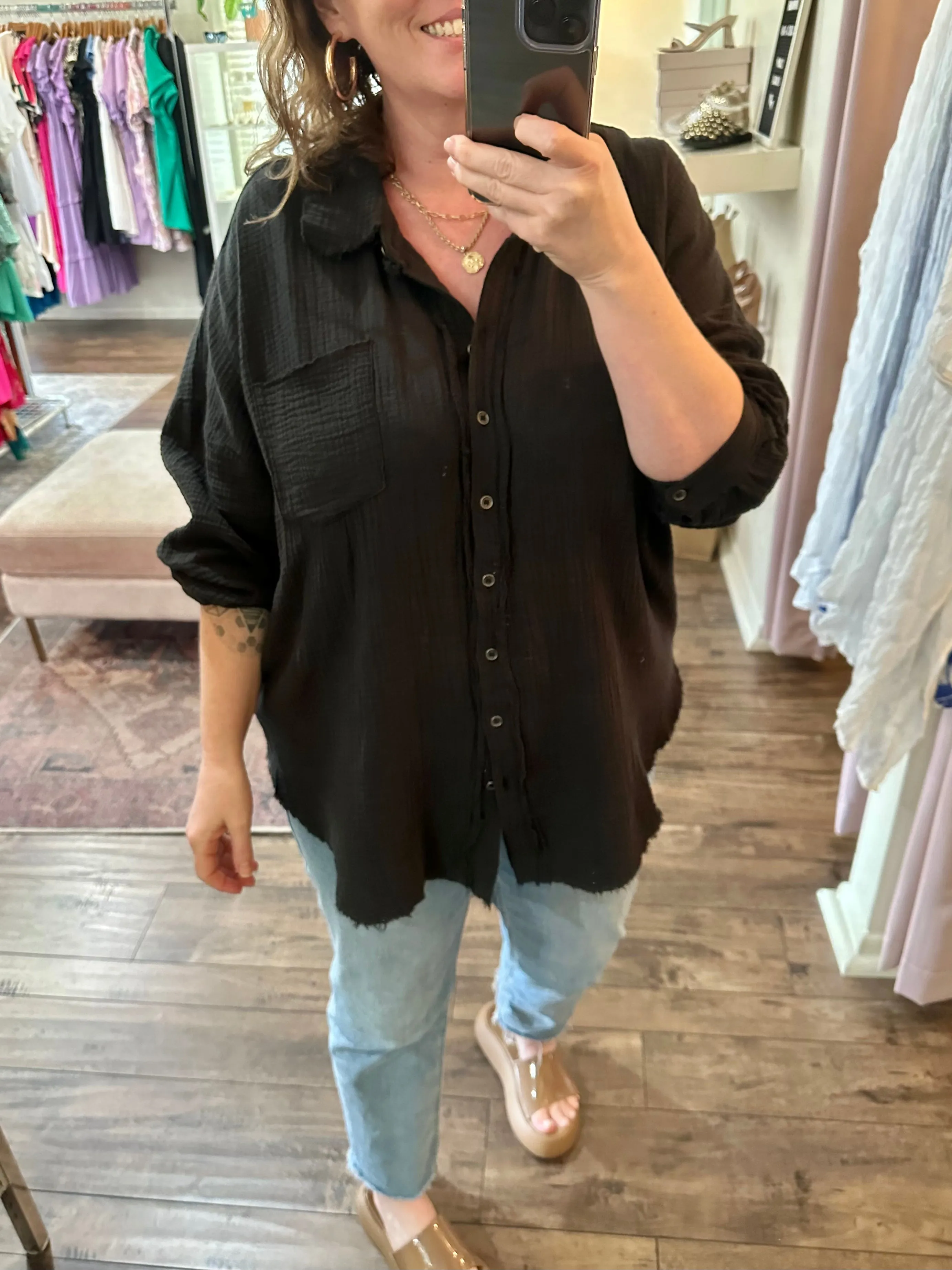 Curvy Black Gauze Button Down