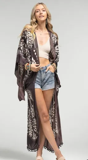 Damask Print Kimono With Sleeves