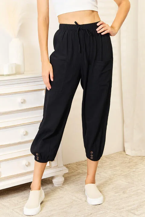 Decorative Button Cropped Pants in Black