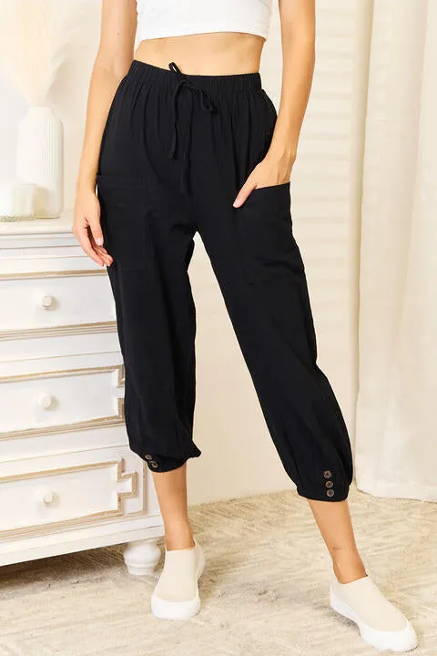 Decorative Button Cropped Pants in Black