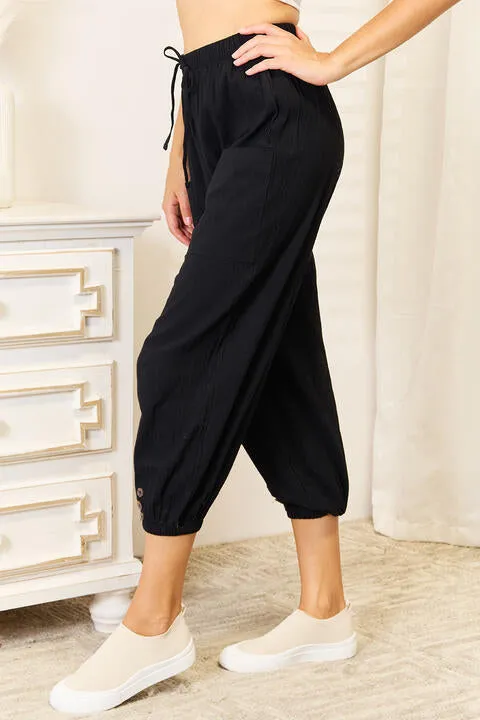 Decorative Button Cropped Pants in Black