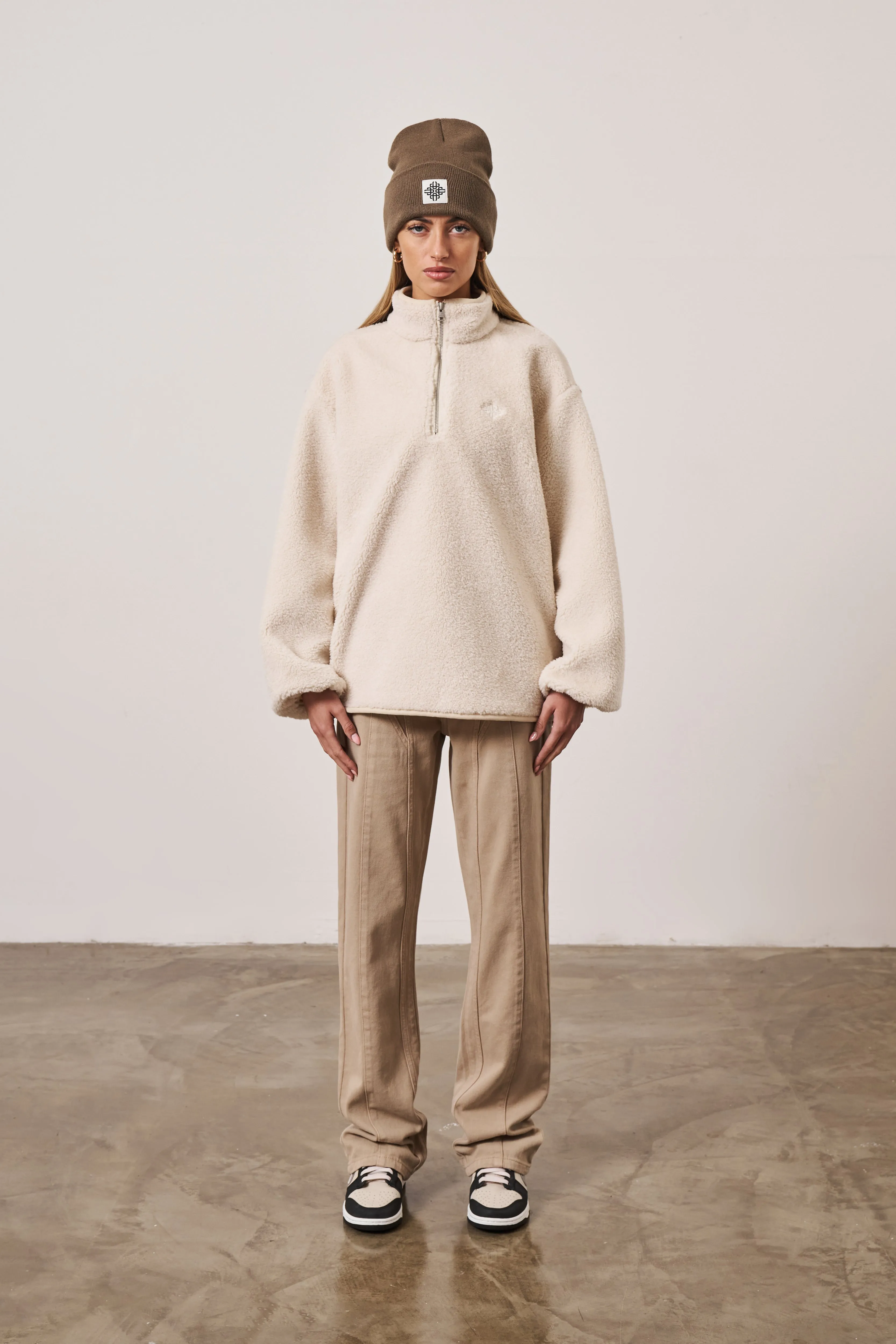 EMBLEM BORG QUARTER ZIP FUNNEL NECK JUMPER - OFF WHITE