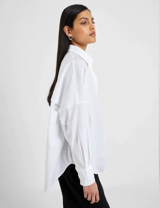 French Connection Oversized White Cotton Rhodes Button Back Long Sleeve Poplin Popover Shirt