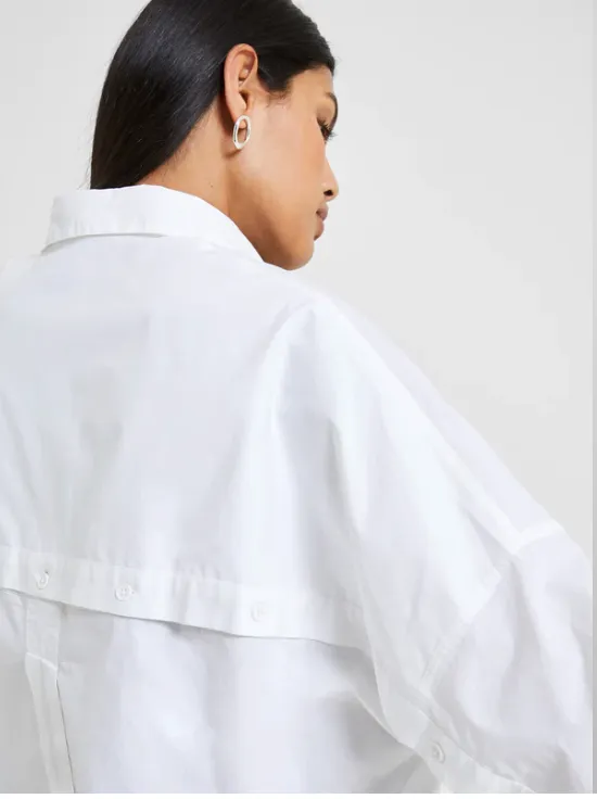 French Connection Oversized White Cotton Rhodes Button Back Long Sleeve Poplin Popover Shirt