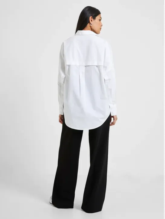 French Connection Oversized White Cotton Rhodes Button Back Long Sleeve Poplin Popover Shirt