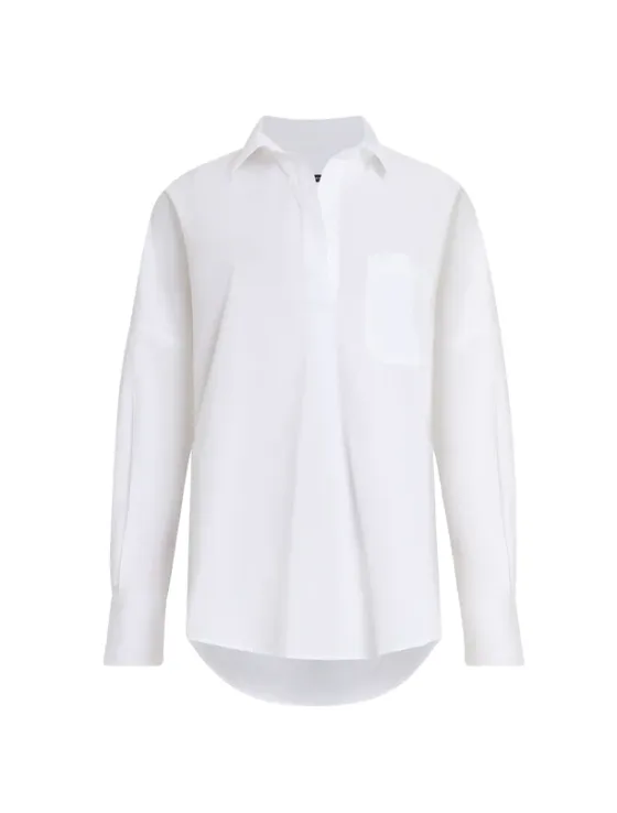 French Connection Oversized White Cotton Rhodes Button Back Long Sleeve Poplin Popover Shirt