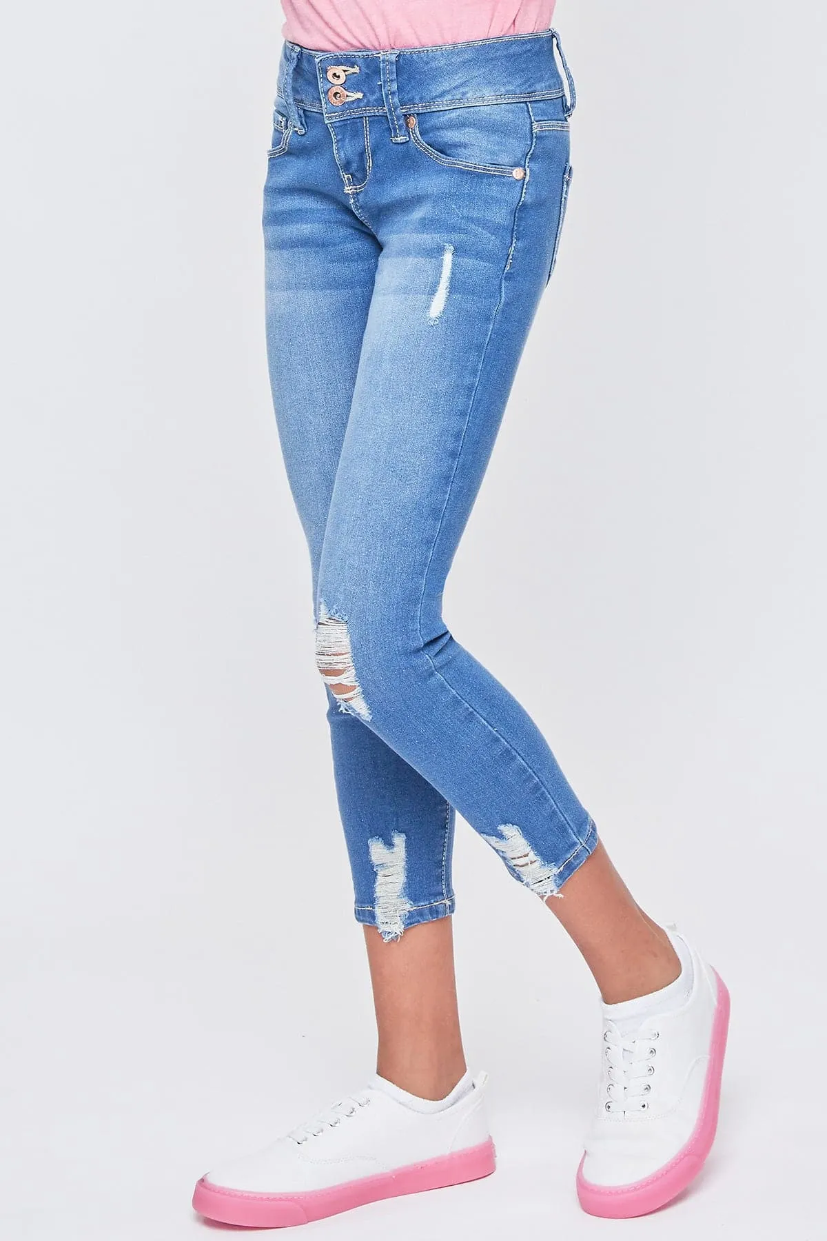 Girls Essential 2-Button Anklet Jeans W/Distressed Hem