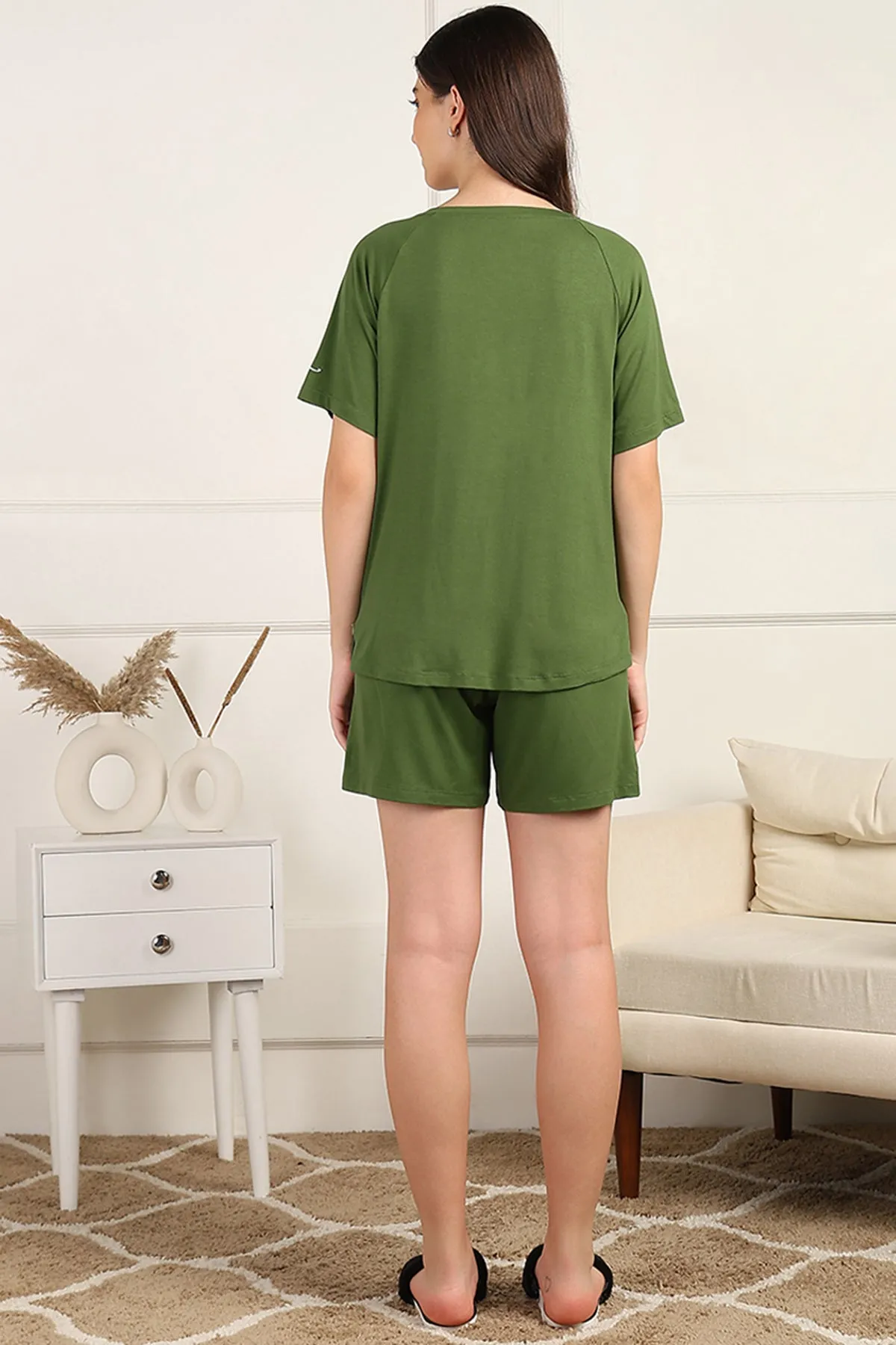 Green Maternity Nursing Top & Shorts Set