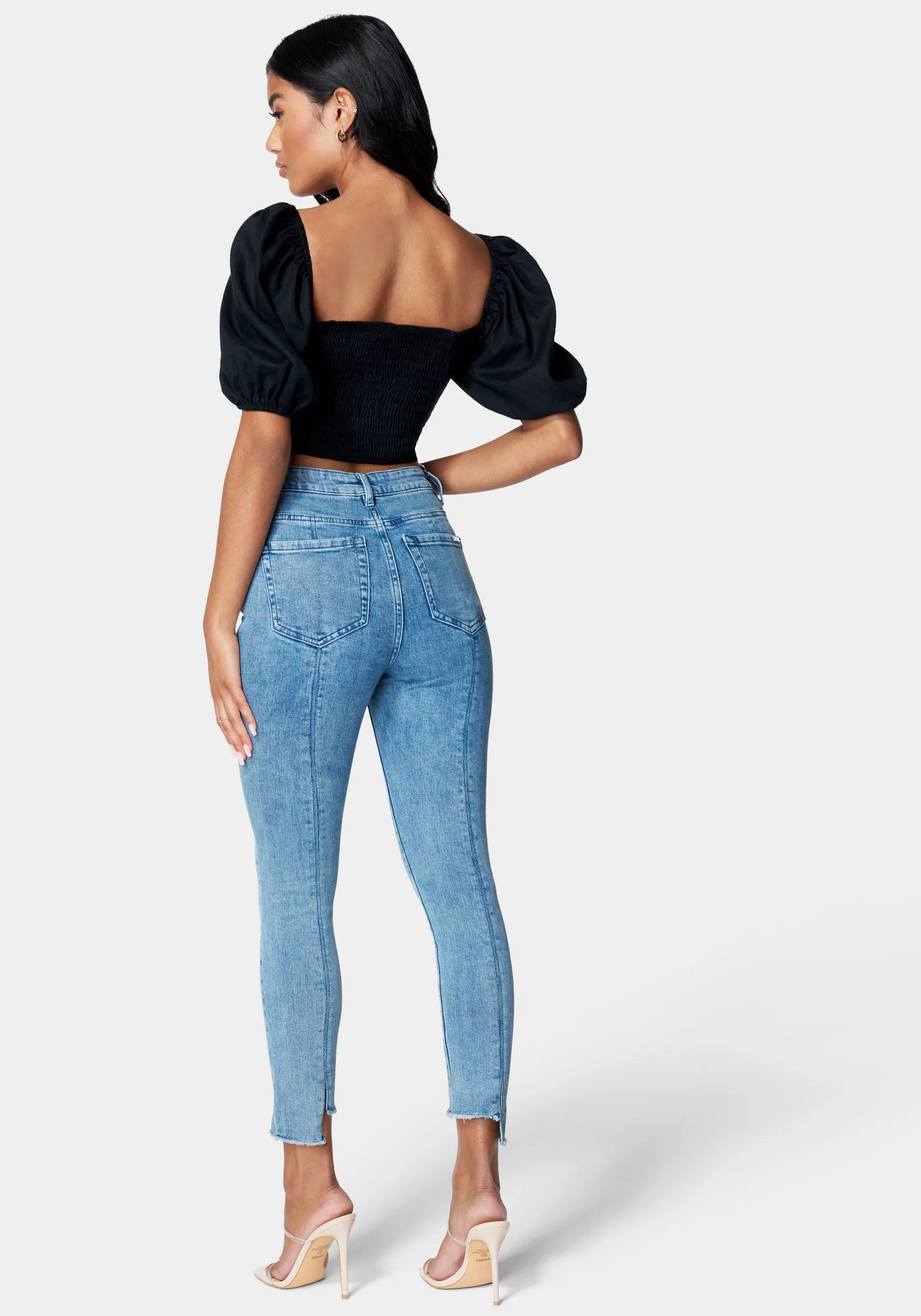 High Waist Skinny Leg Hi Lo Hem Jean