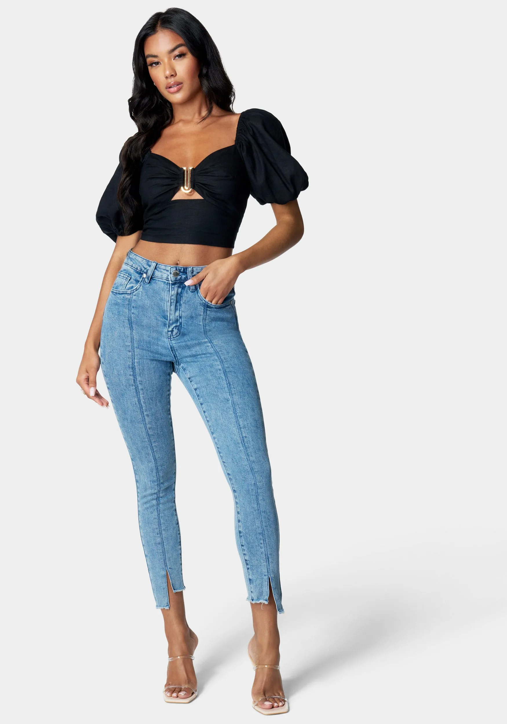 High Waist Skinny Leg Hi Lo Hem Jean