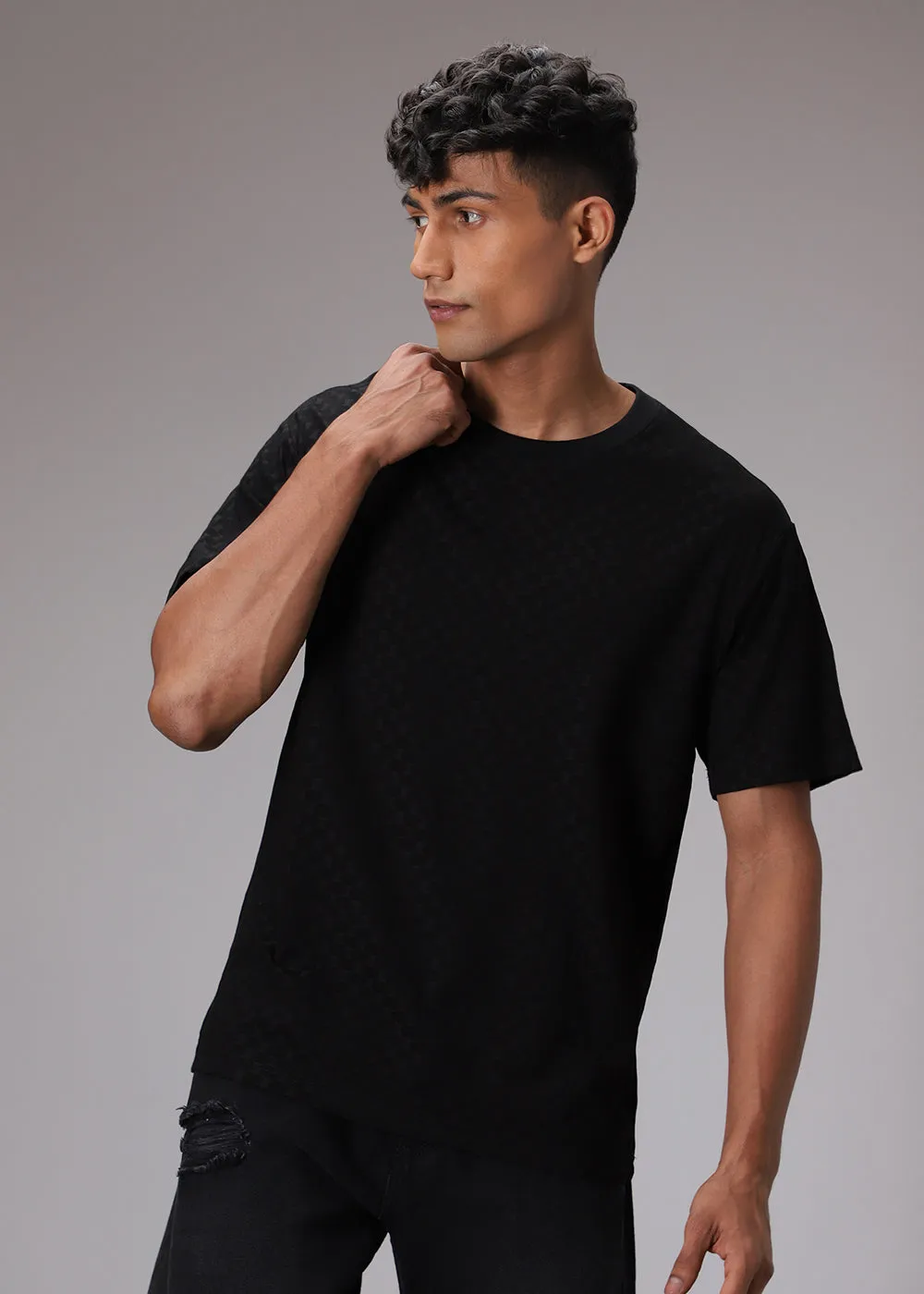 Hybrid Black Patterned Oversized T-shirt