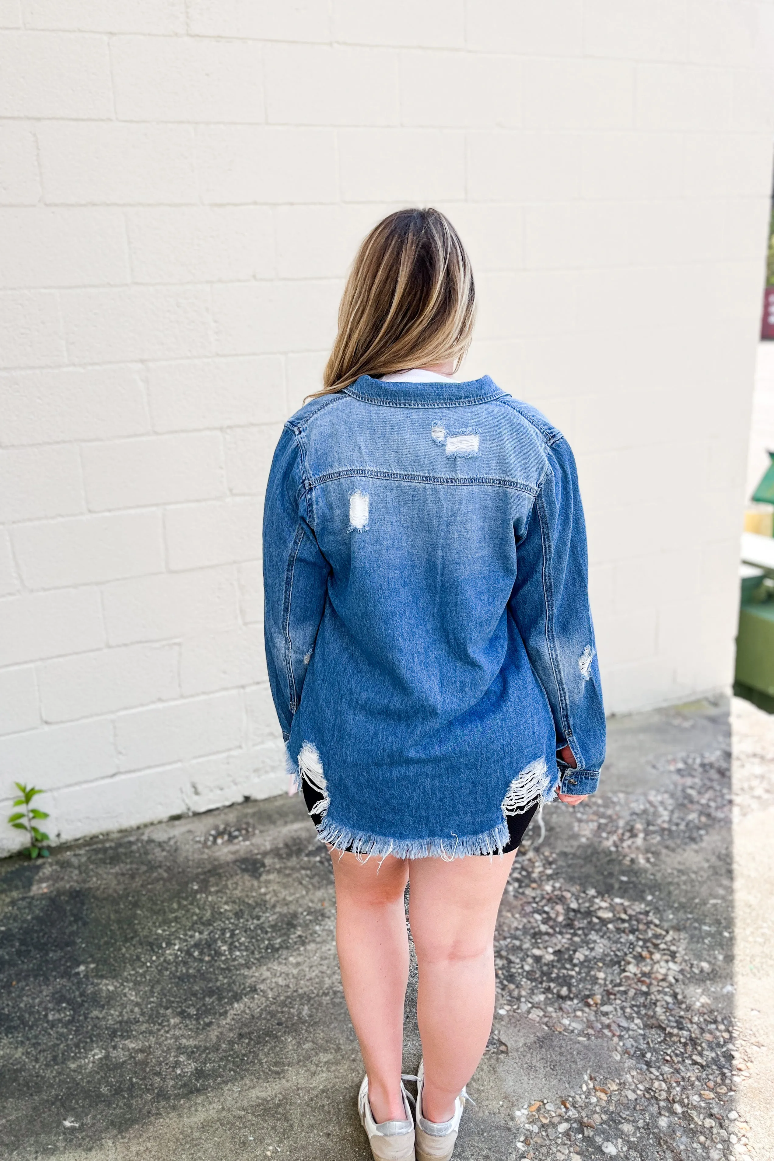 I've Got The Blues Distressed Denim Top, Medium Wash